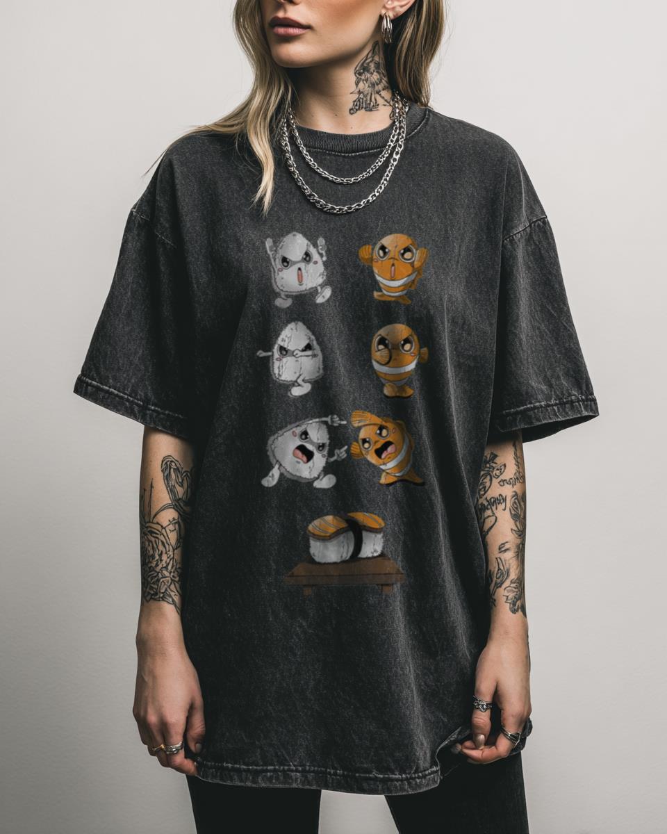 Kawaii Sushi Fusion Dragon Japanese Foodie Black Acidwash T-Shirt