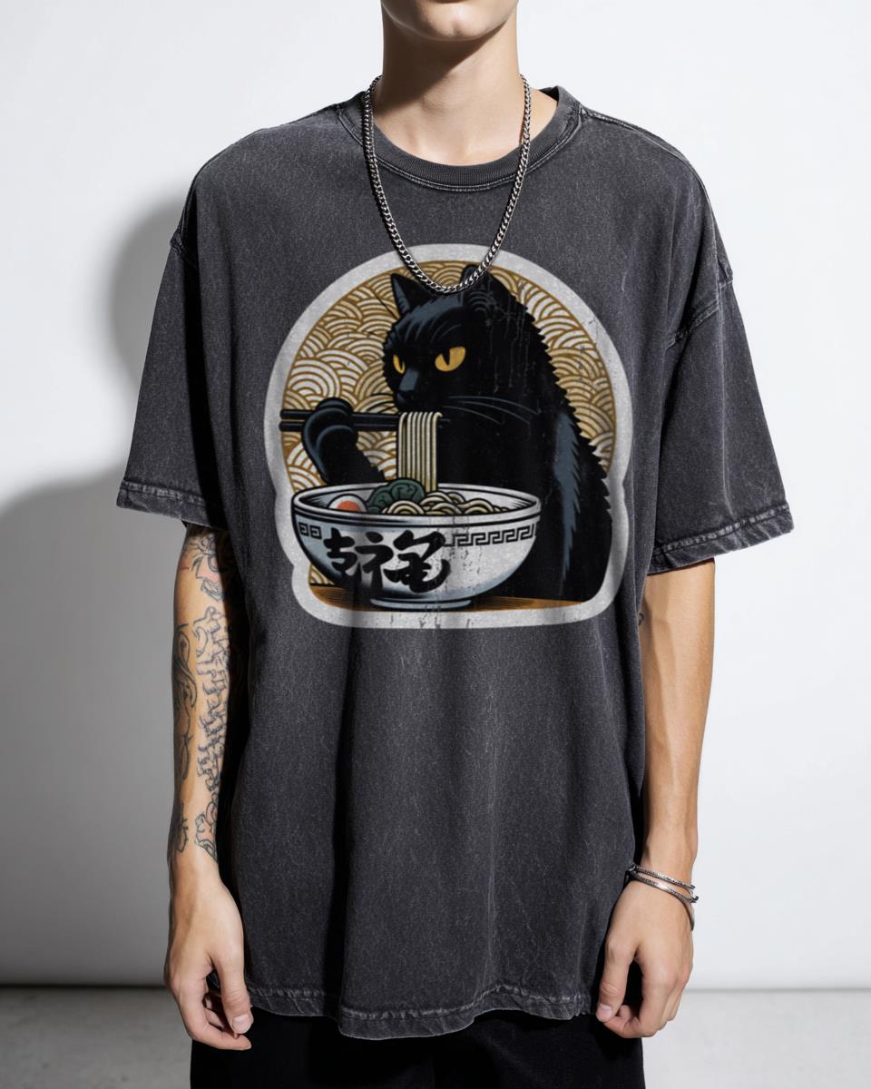 Kawaii Vintage Japanese Ramen Cat T-Shirt - Cute Kitty Eating Noodles