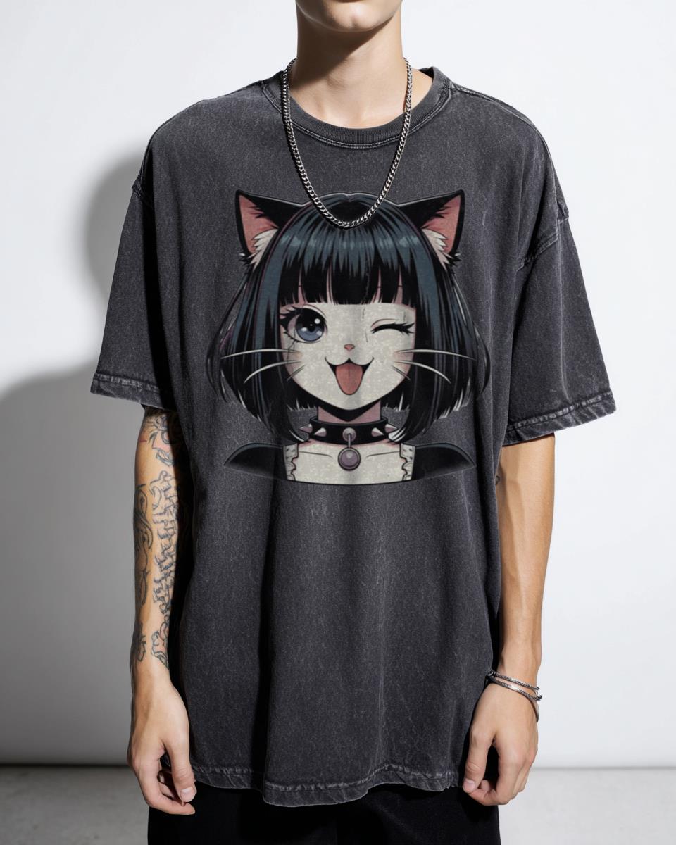 Kawaii Winking Manga Cat Girl T-Shirt - Cute Anime Eyes Fun Japanese Art
