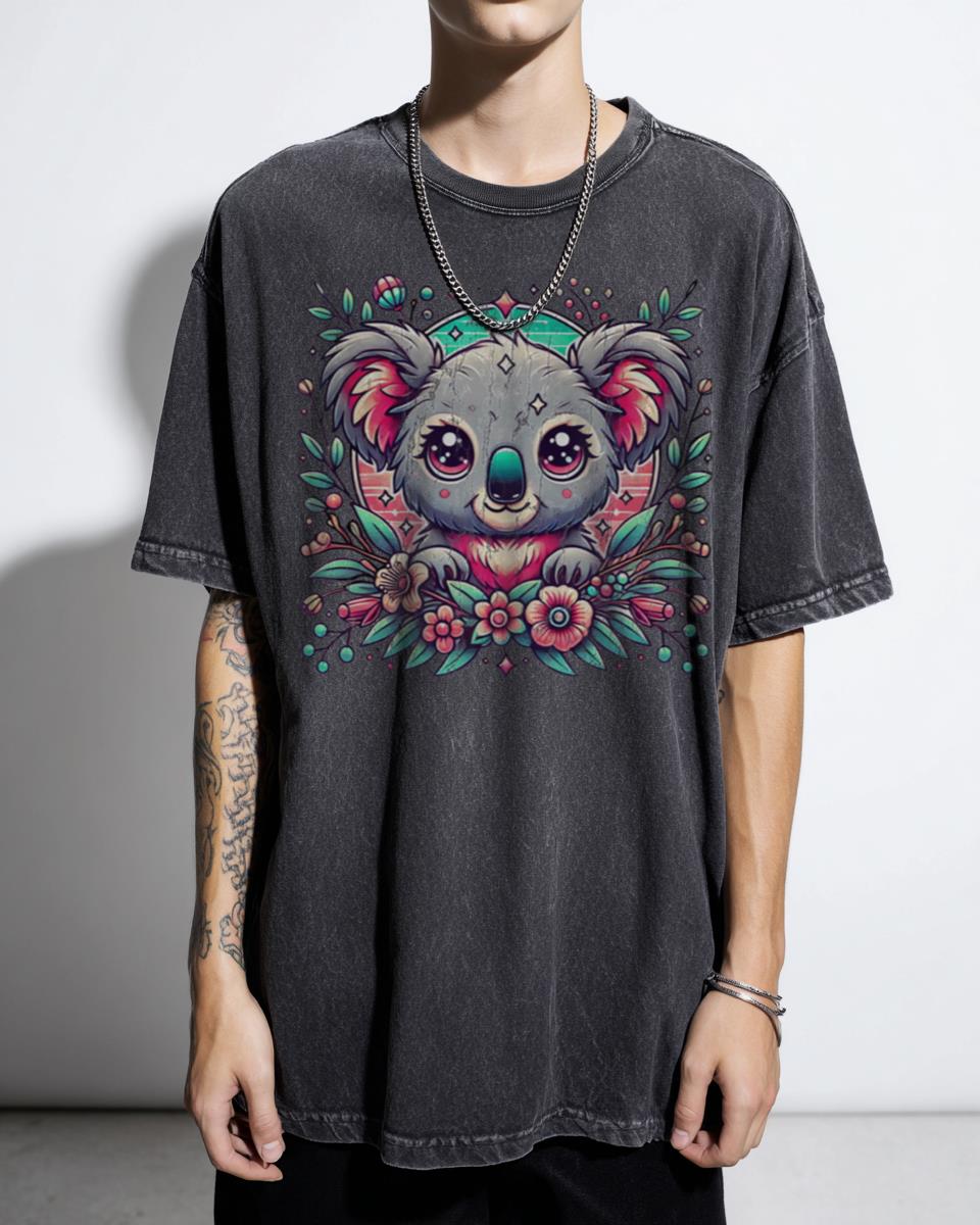 Koala Floral Digital Art T-Shirt - Kawaii Chibi Nature Wildlife Tee