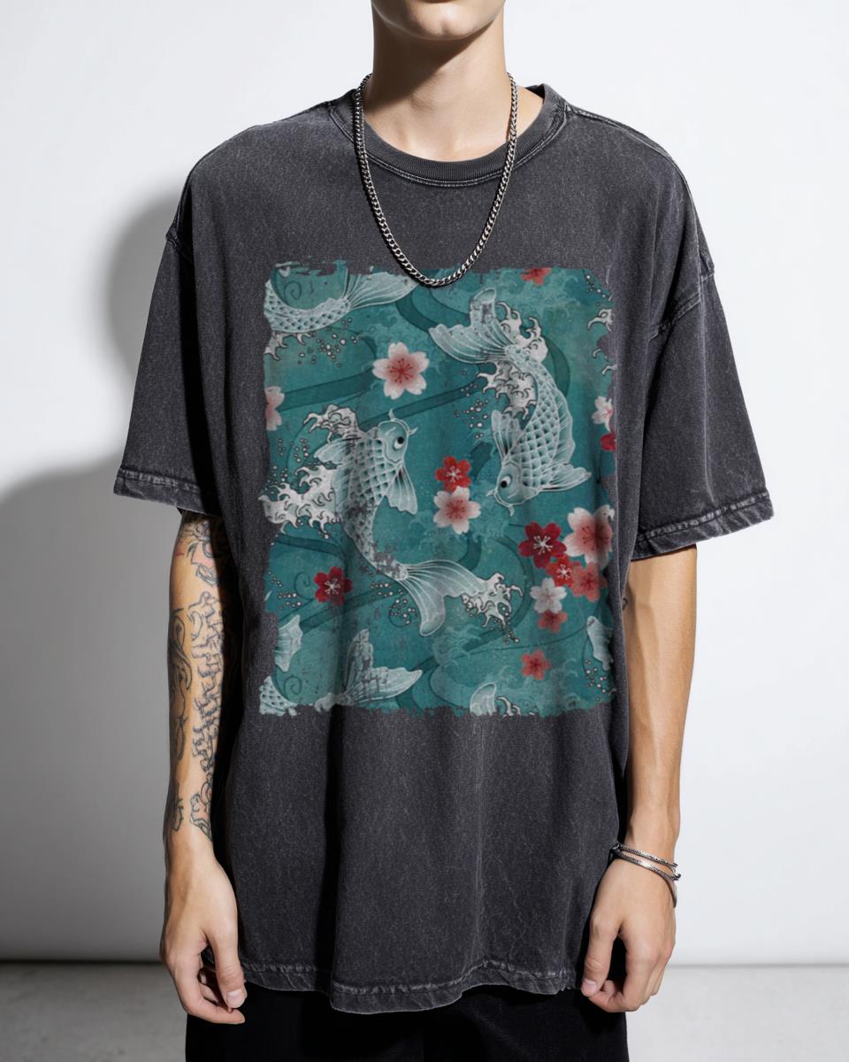 Koi Sakura Blossom T-Shirt | Japanese Floral Fish Graphic Tee