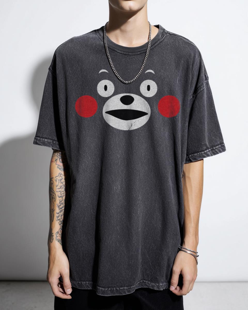 Kumamon Cute Japanese Bear Cartoon T-Shirt - Kawaii Anime Mascot Unisex Black Acidwash