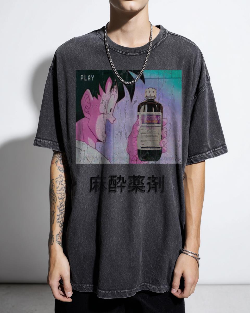 Lean Team Saiyan Dragonball Z Anime T-Shirt - Vaporwave Aesthetic Goku Super Saiyan Unisex Black Acidwash