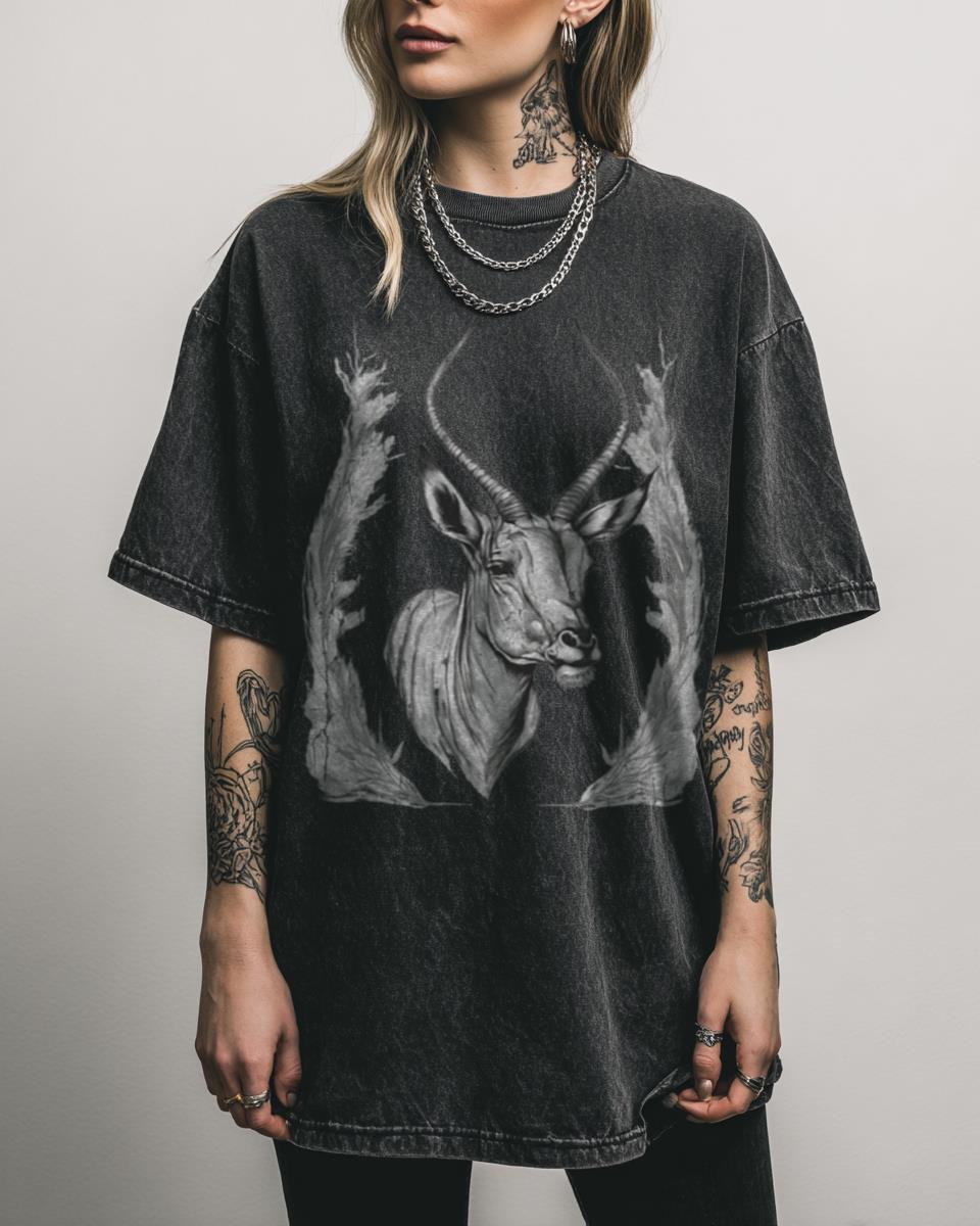 Lechwe Head Drawing African Antelope Graphic T-Shirt – Modern Wildlife Nature Art