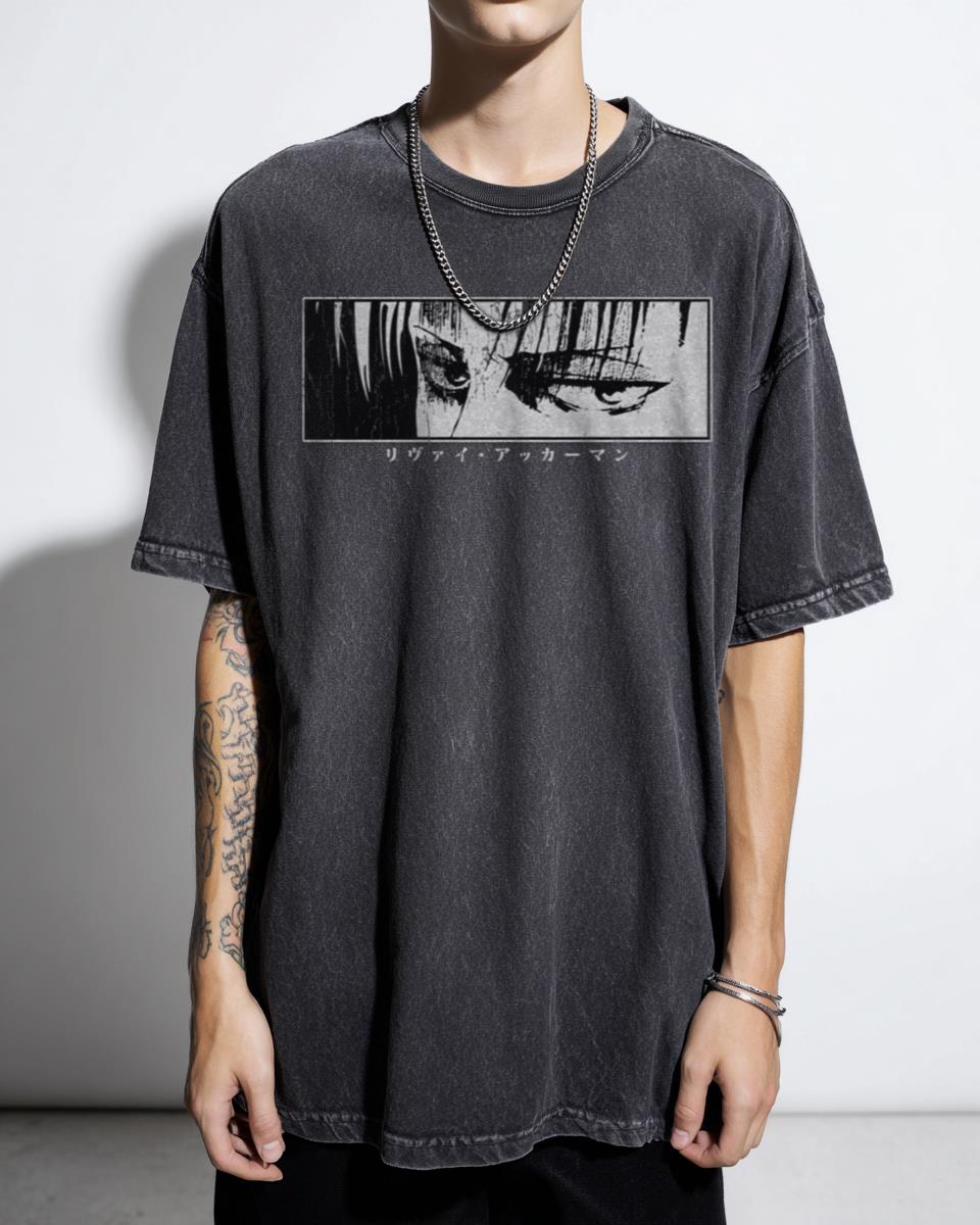 Levi Ackerman Stare AOT Anime Black Acidwash Tee