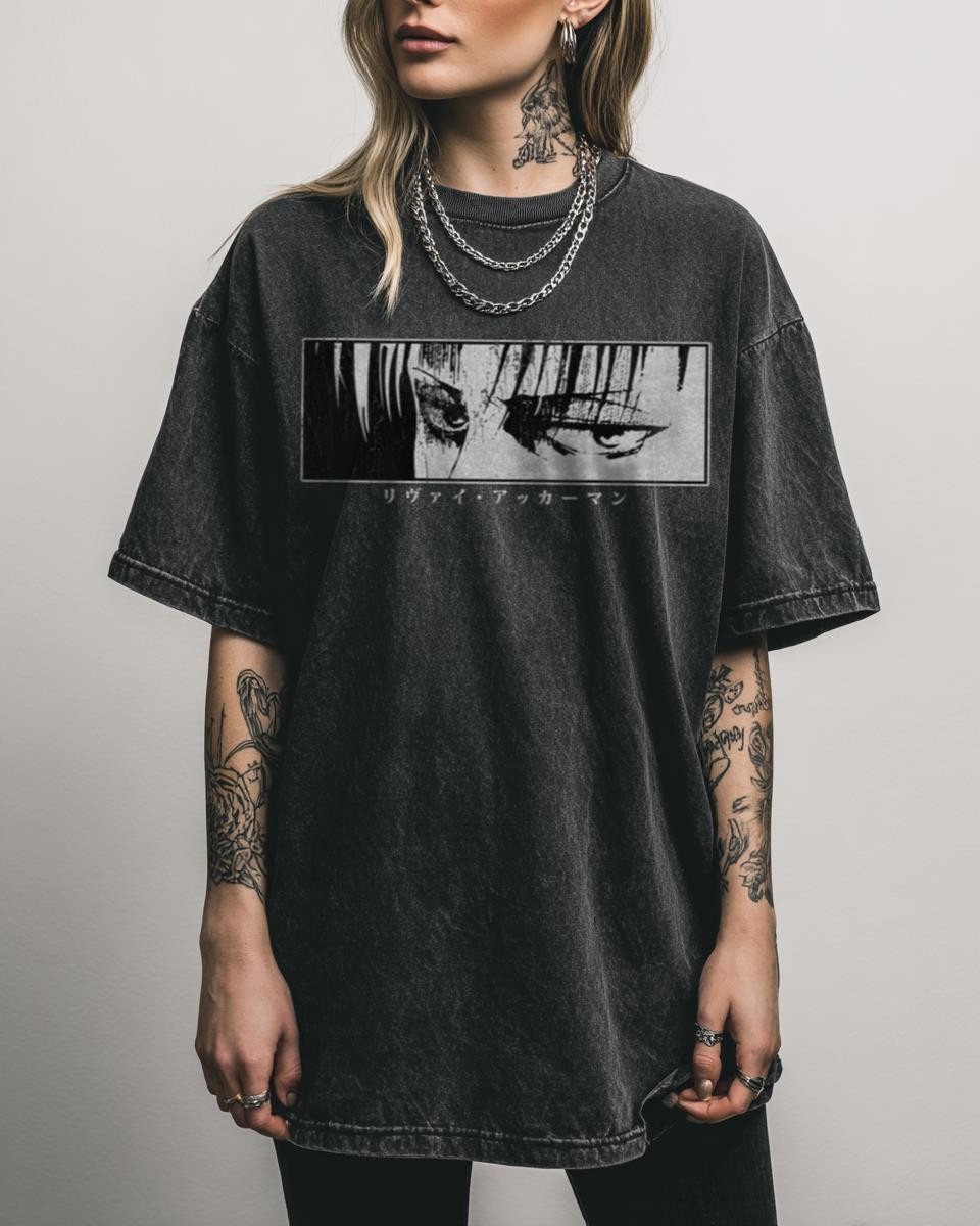 Levi Ackerman Stare AOT Anime Black Acidwash Tee