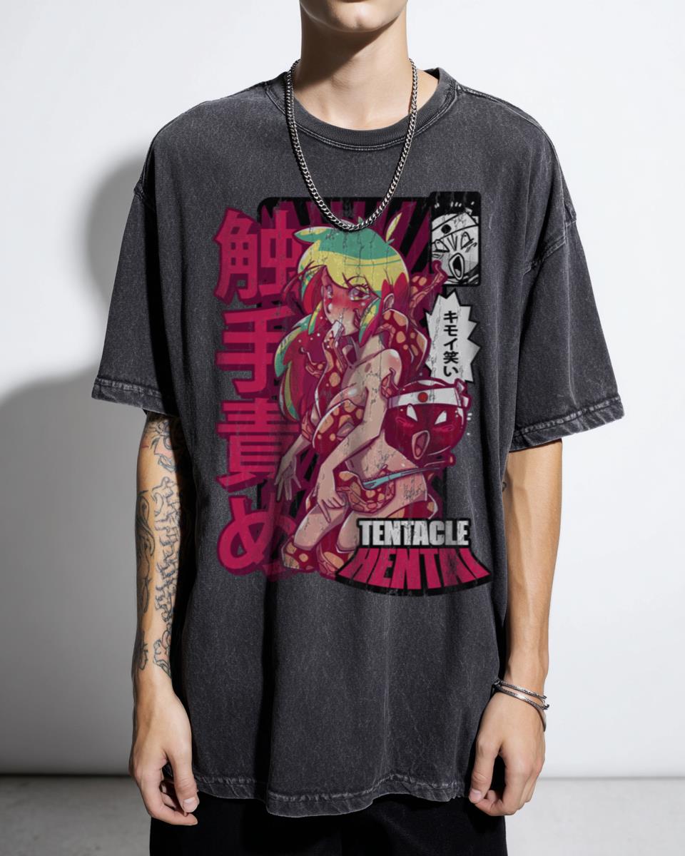 Lewd Tentacle Hentai Anime Girl T-Shirt - Sexy Octopus Neon Color Kawaii Ecchi Tee