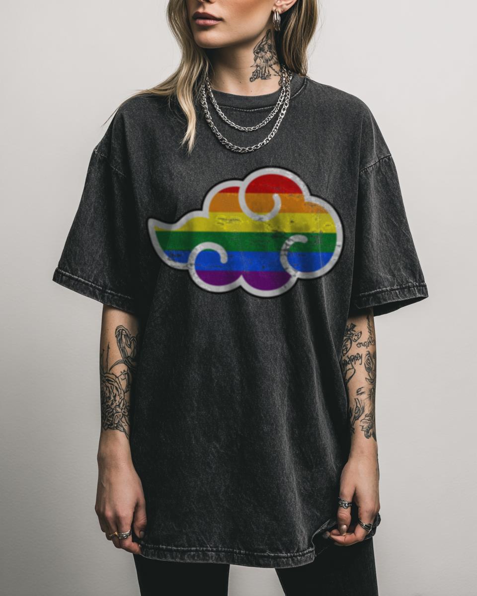 LGBT Cloud Fox Anime Pride Black Acidwash Tee