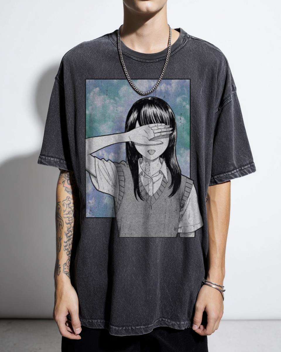 Lonely Girl Sad Japanese Anime Aesthetic T-Shirt - Grunge Goth Manga Schoolgirl Apparel