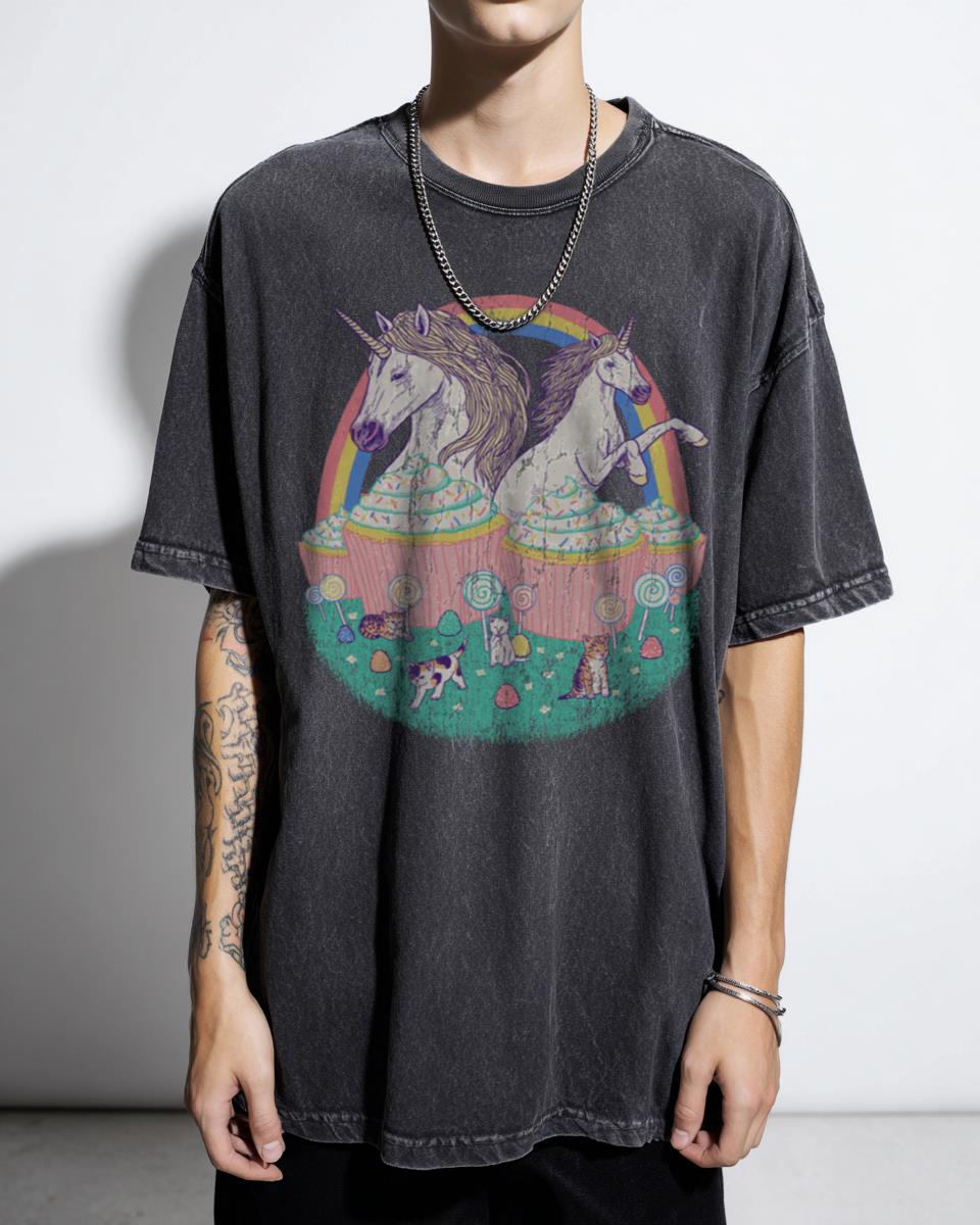 Magical 80s Retro Candy Cat & Unicorn Graphic T-Shirt
