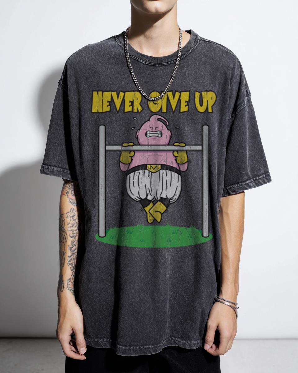 Majin Buu Never Give Up Acidwash Tee | DBZ Gym Motivation