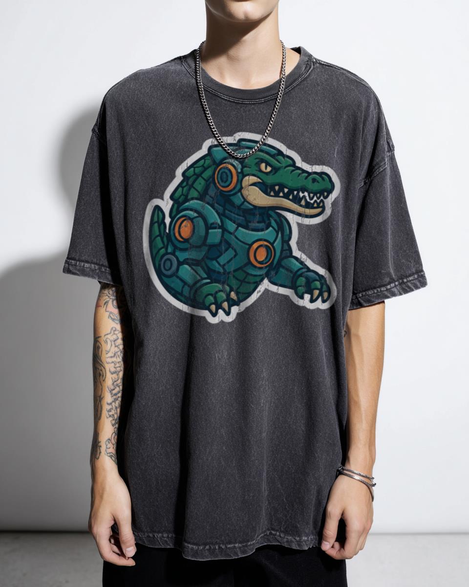 Mecha Nile Crocodile Sci-Fi T-Shirt - Futuristic Armored Robot Reptile