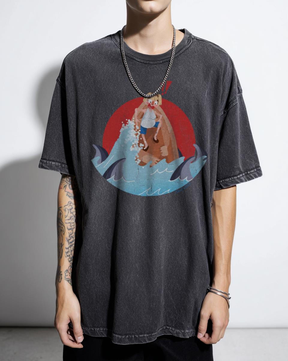 Millie Shark Attack Lineless Cartoon T-Shirt - Funny Ocean Rowboat Adventure Unisex