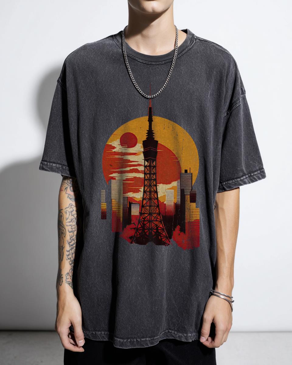 Minimalist Tokyo Tower Sunset Japanese City T-Shirt - Anime Manga Aesthetic