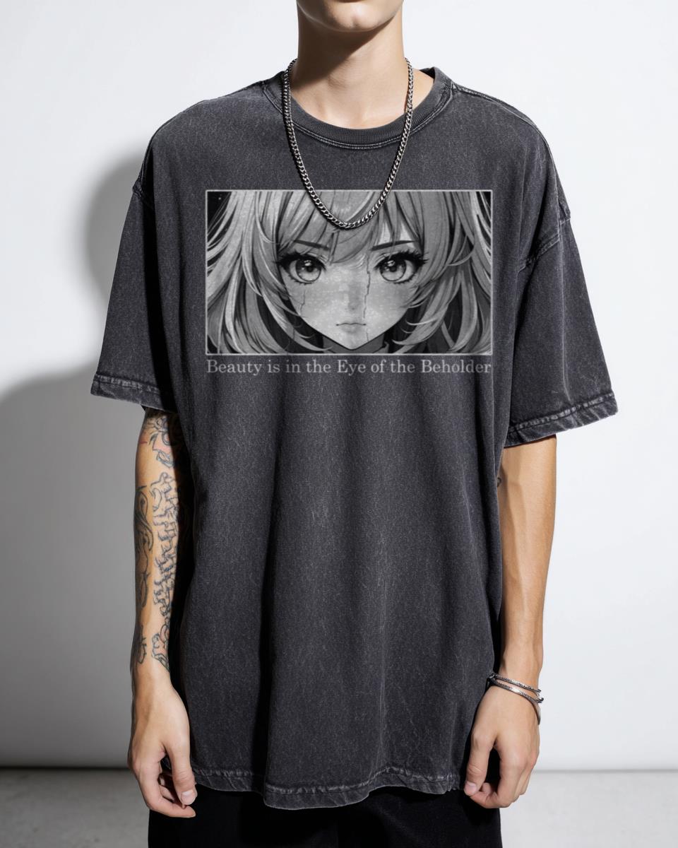 Monochrome Anime Girl Eyes T-Shirt - 'Beauty In The Eyes Of The Beholder' Phrase Tee