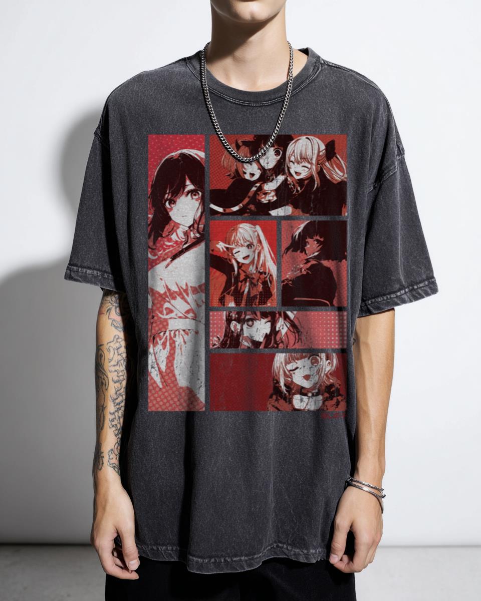 Monochrome Oshi no Ko Ai Hoshino Graphic Grid T-Shirt - Anime Idol Fan Art