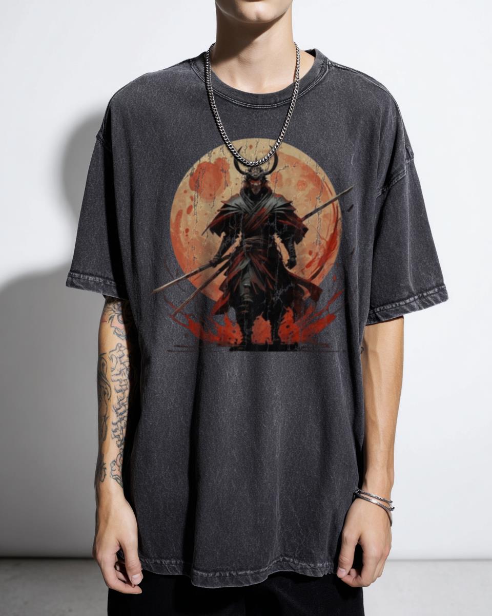 Moonlit Samurai Cat Warrior Anime T-Shirt - Japanese Ronin Manga Art