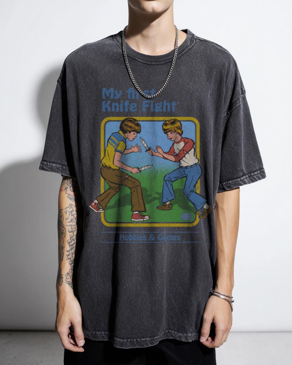 "My First Knife Fight" Funny Parody Acidwash Tee