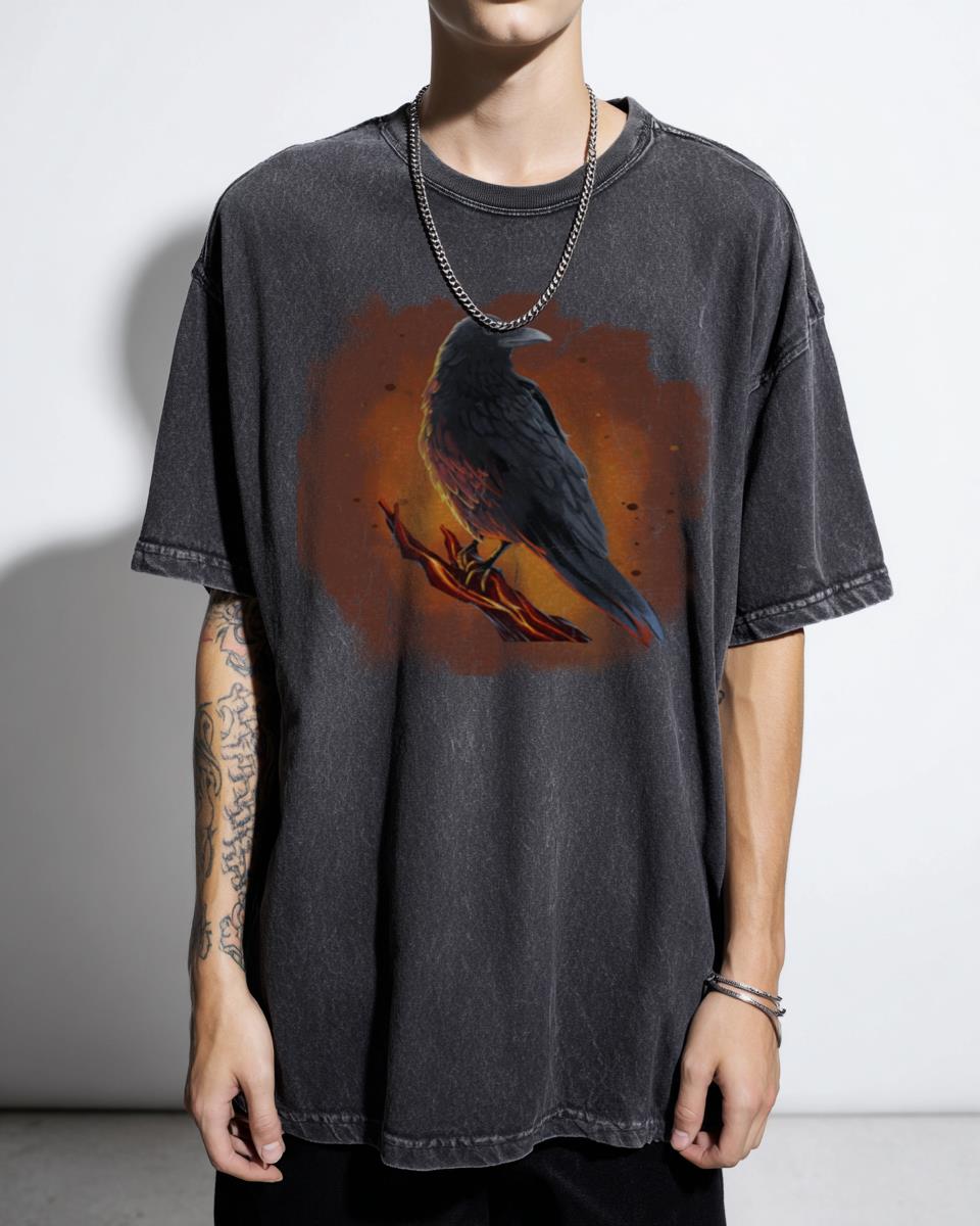 Mystic Fire Raven Fantasy Art T-Shirt - Gothic Crow Apparel Unisex