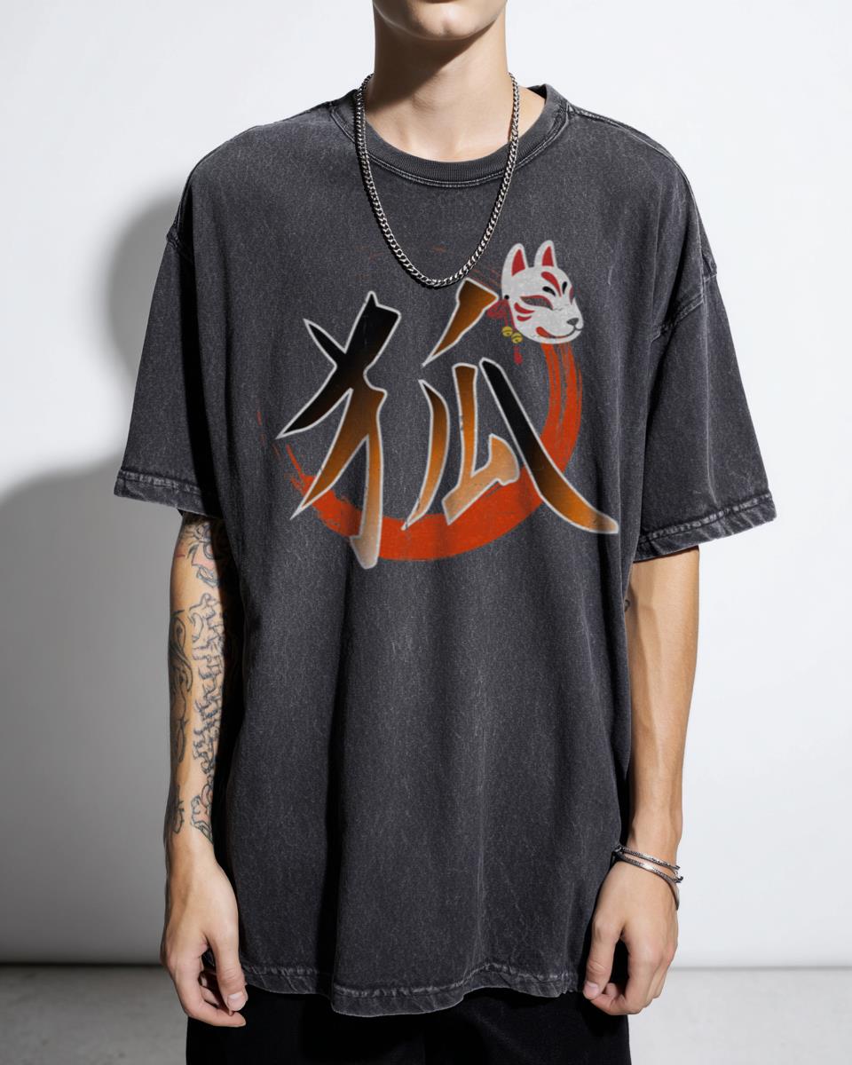 Mystical Kitsune Yokai Japanese Fox Blackwork T-Shirt - Anime Teen Aesthetic