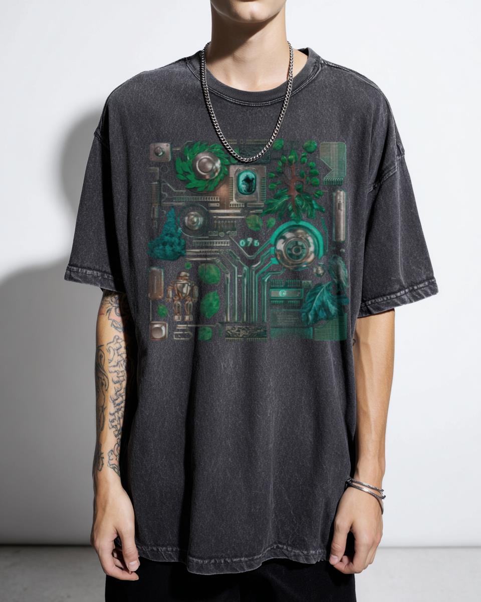 Nature & Technology Symphony of Elements T-Shirt - Circuit Board Leaves Art