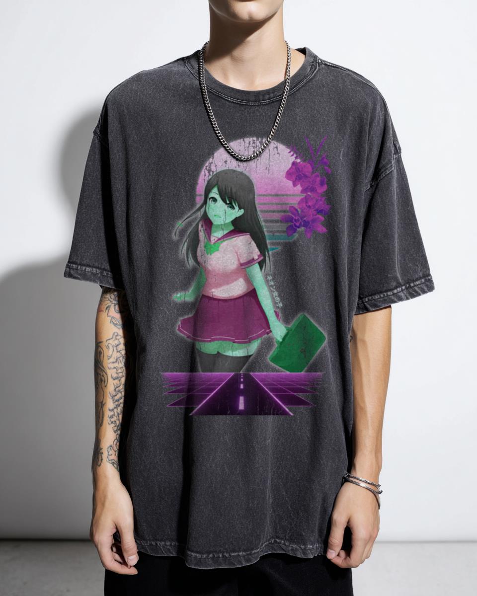 Neon Anime School Girl Vaporwave Synthwave T-Shirt - 80s Cyberpunk Japan Aesthetic Unisex