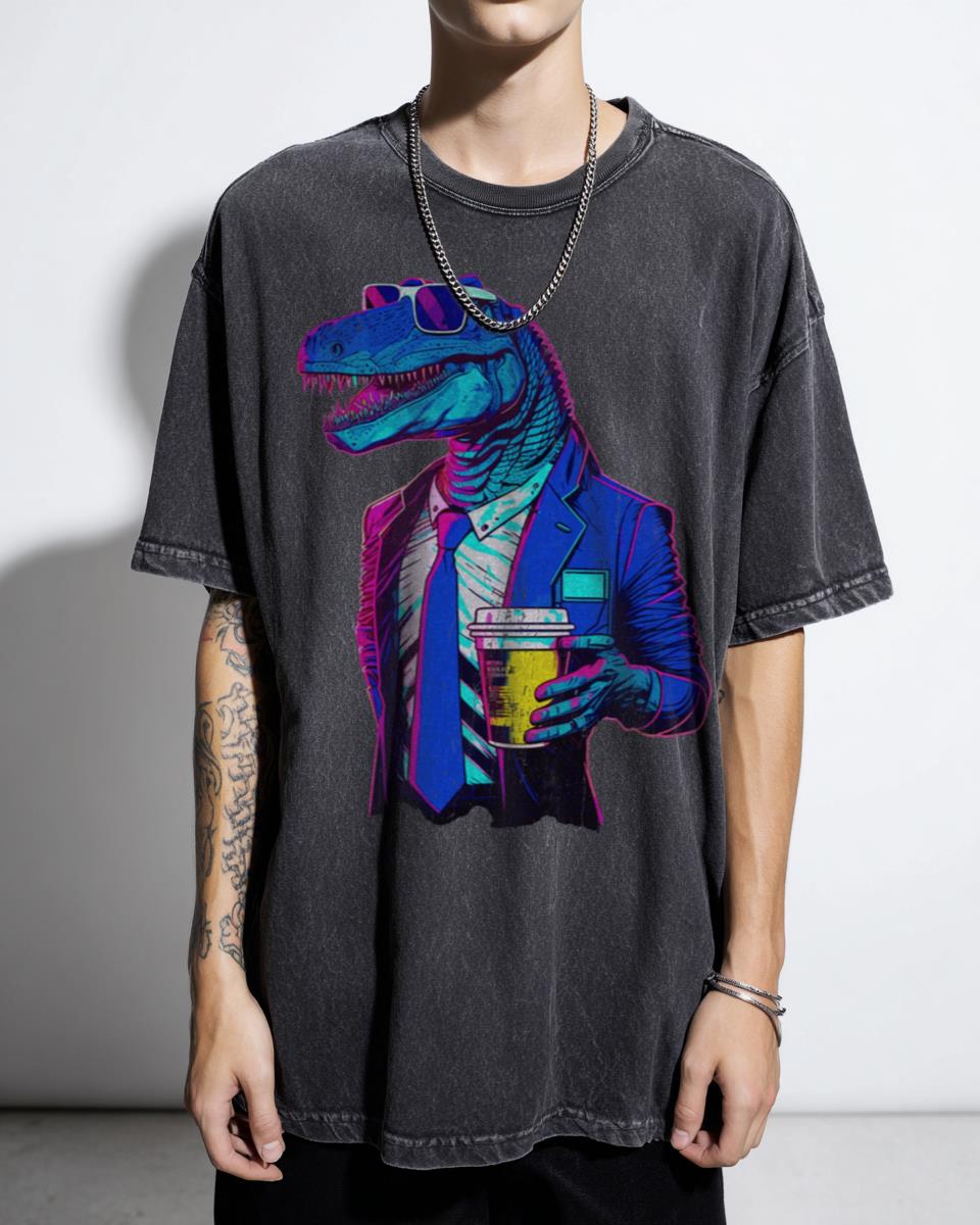 Neon Cyberpunk Coffee Break T-Rex T-Shirt - Synthwave Sci-Fi Dino Aesthetic Tee