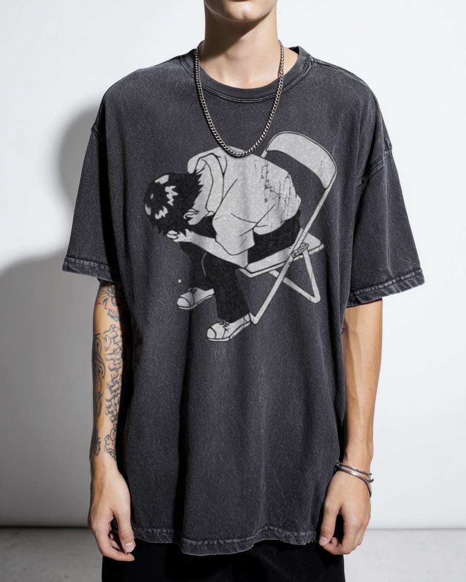 Neon Genesis Evangelion Shinji Ikari Black & White Anime Acidwash T-Shirt - NGE Fan Art