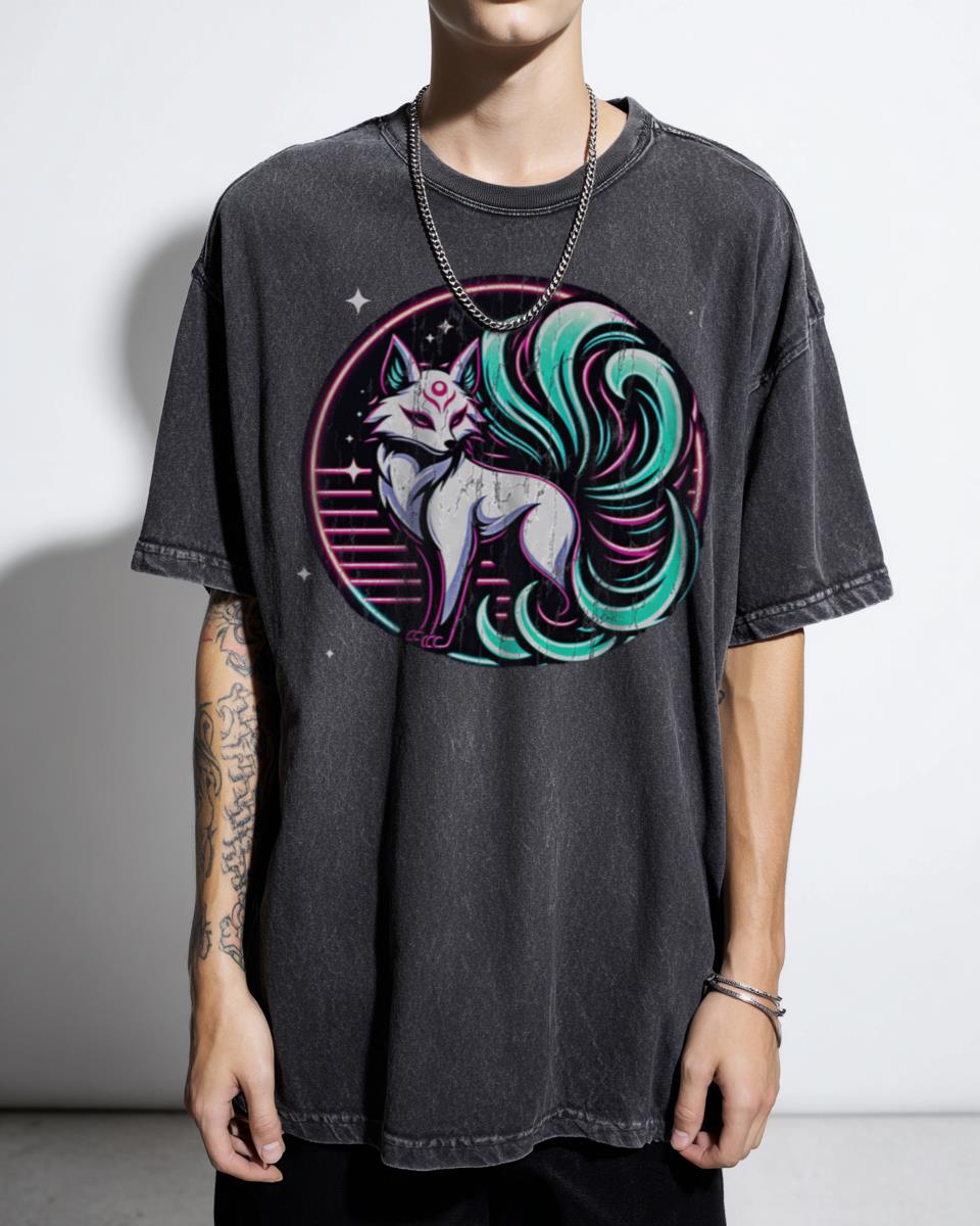 Neon Kitsune Fox Japanese Anime T-Shirt - Retro 80s Cyberpunk Style Tee