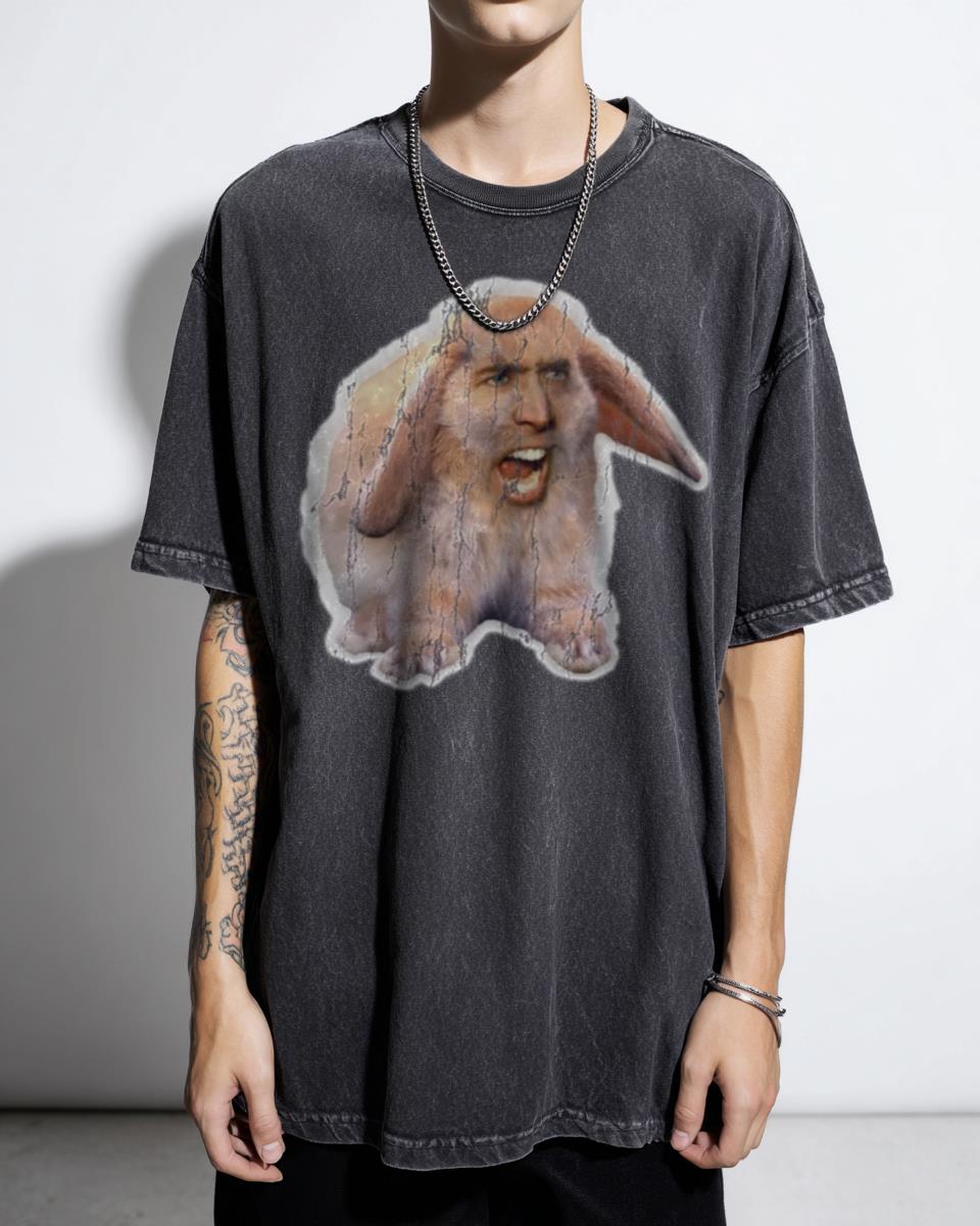 Nicolas Cage as a Rabbit Meme Art T-Shirt - Funny Nic Cage Fan Unisex