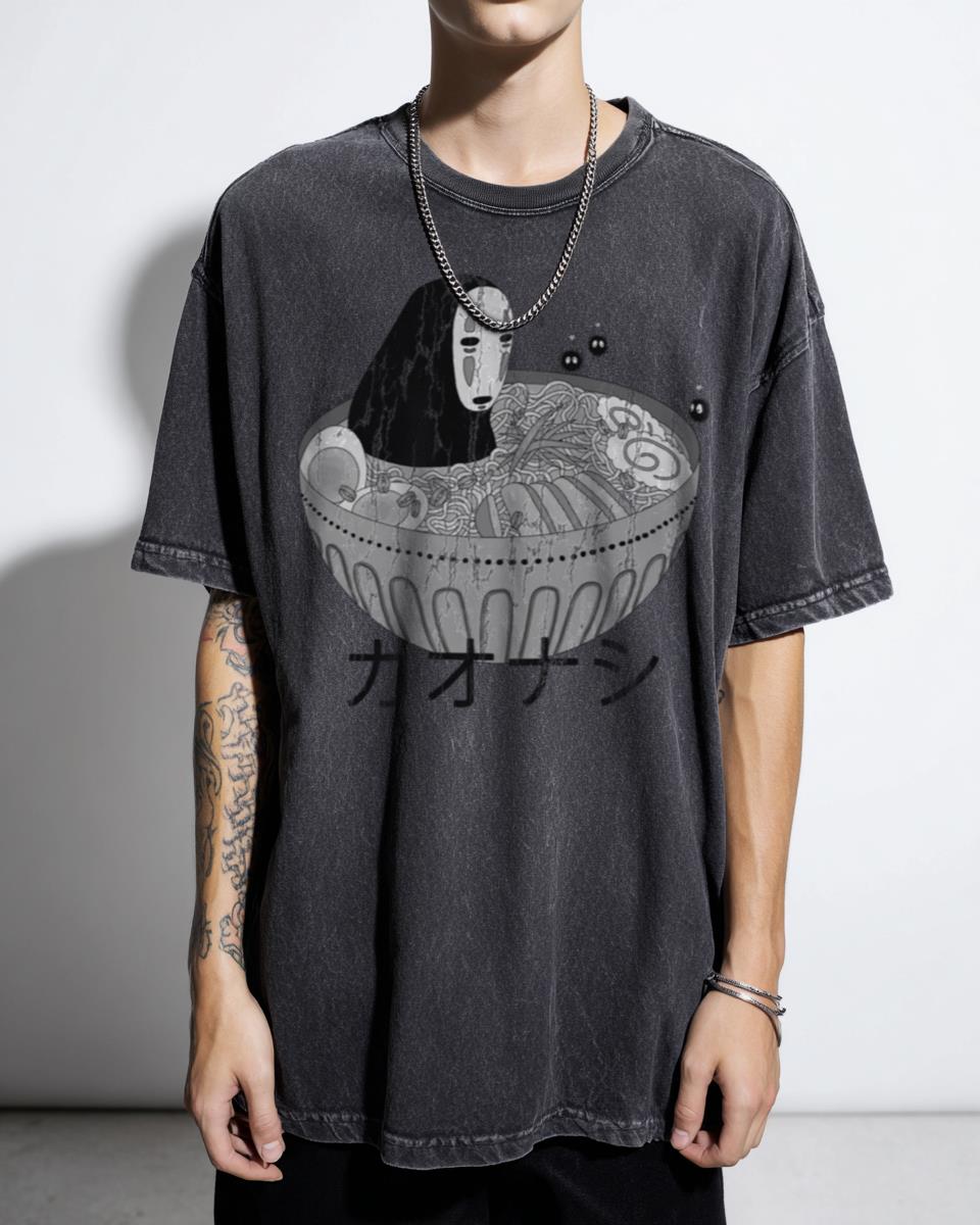 No Face in Ramen Spirited Away Black & White T-Shirt - Kawaii Studio Ghibli Anime Tee