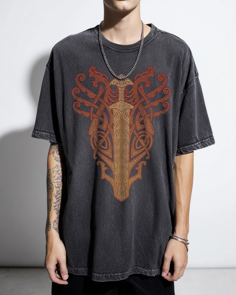 Norse Mythology Surtr's Sword Fiery Dragons T-Shirt - Celtic Knotwork Viking Tattoo