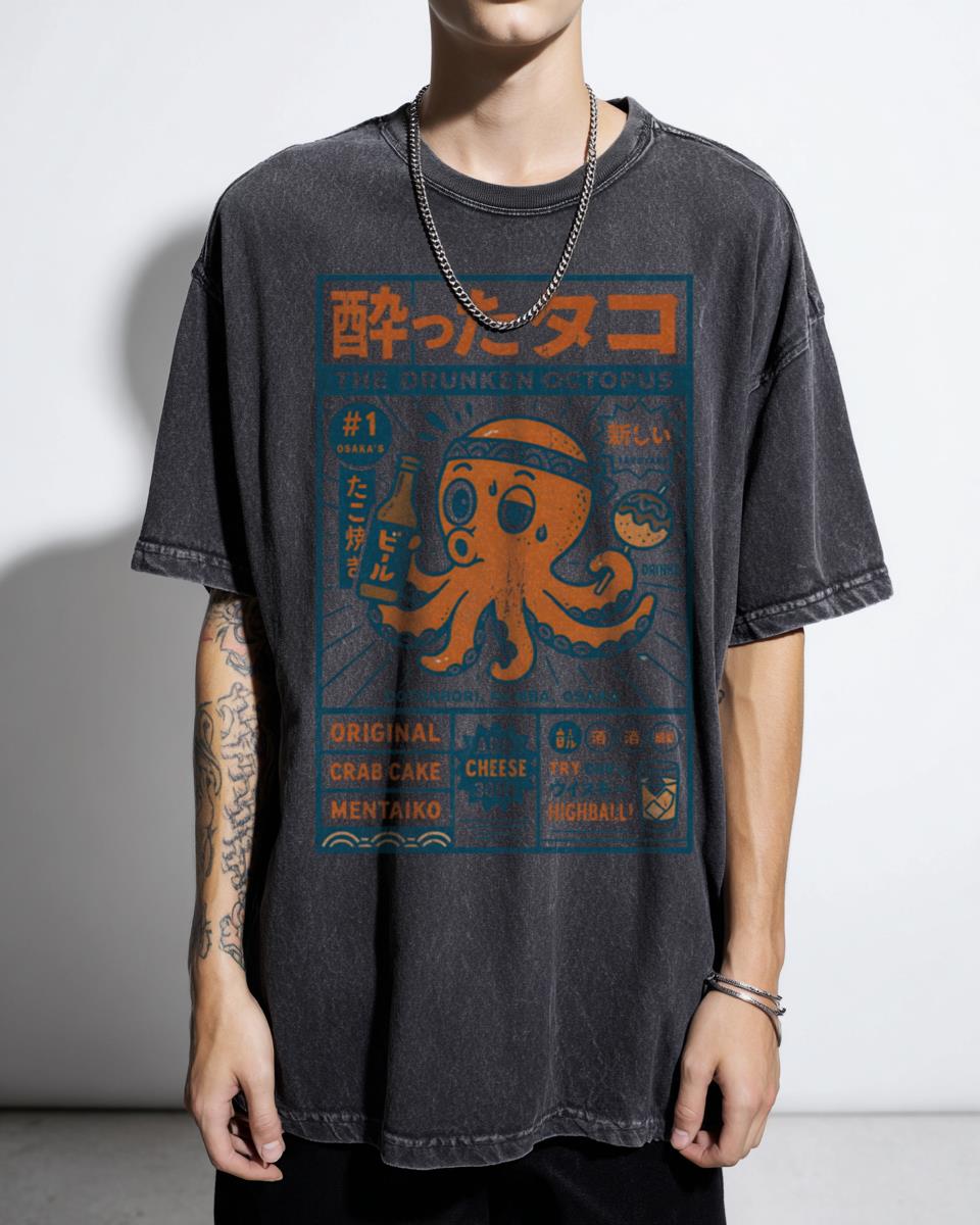 Osaka Drunken Octopus 3 Japanese Anime T-Shirt - Funny Takoyaki Foodie Art