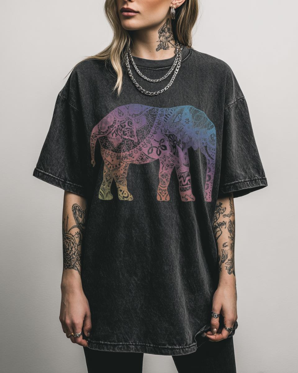 Pastel Elephant Abstract Tee | Floral Watercolor Acidwash Shirt