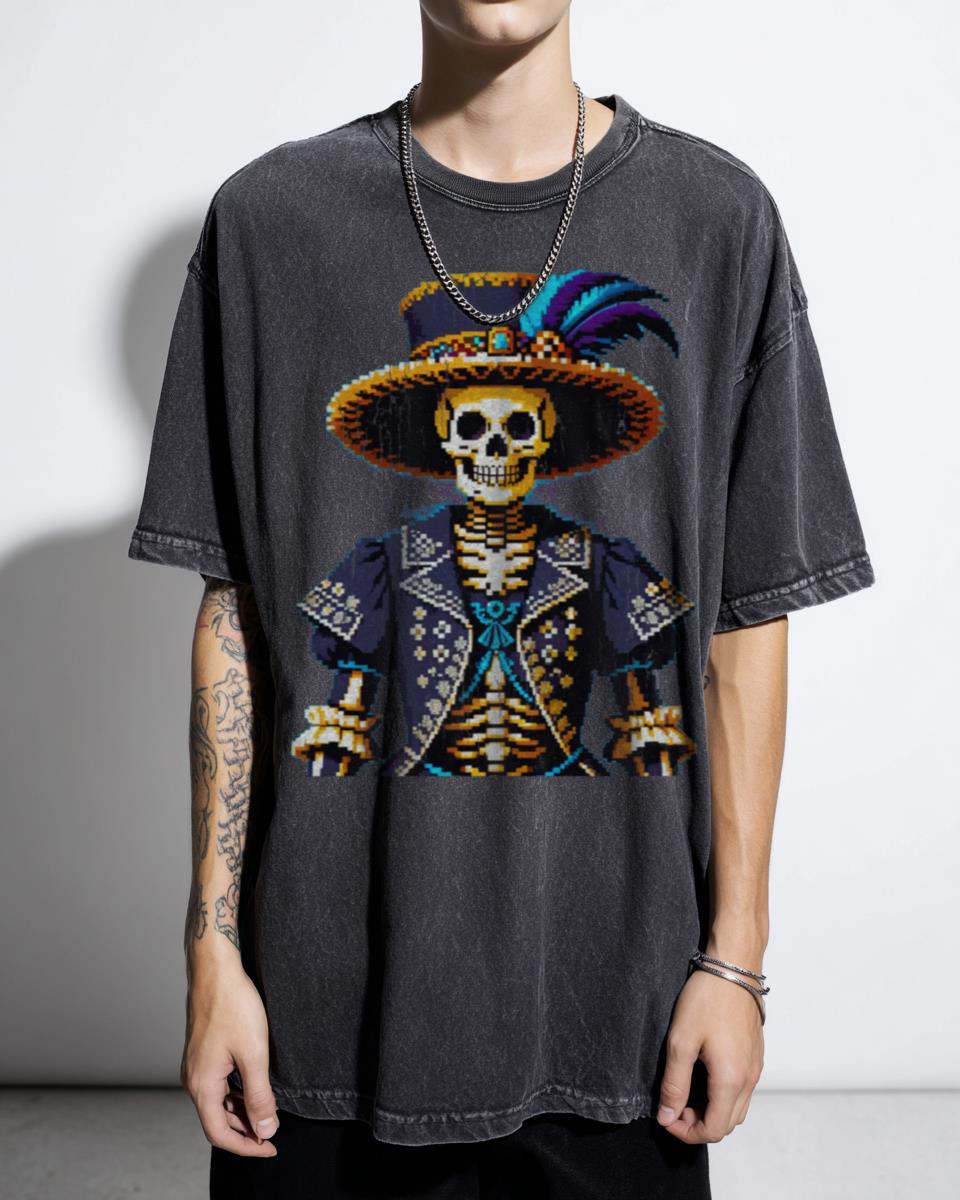 Pixel Art Renaissance Skeleton with Feathered Hat T-Shirt - Timeless Halloween Elegance Unisex
