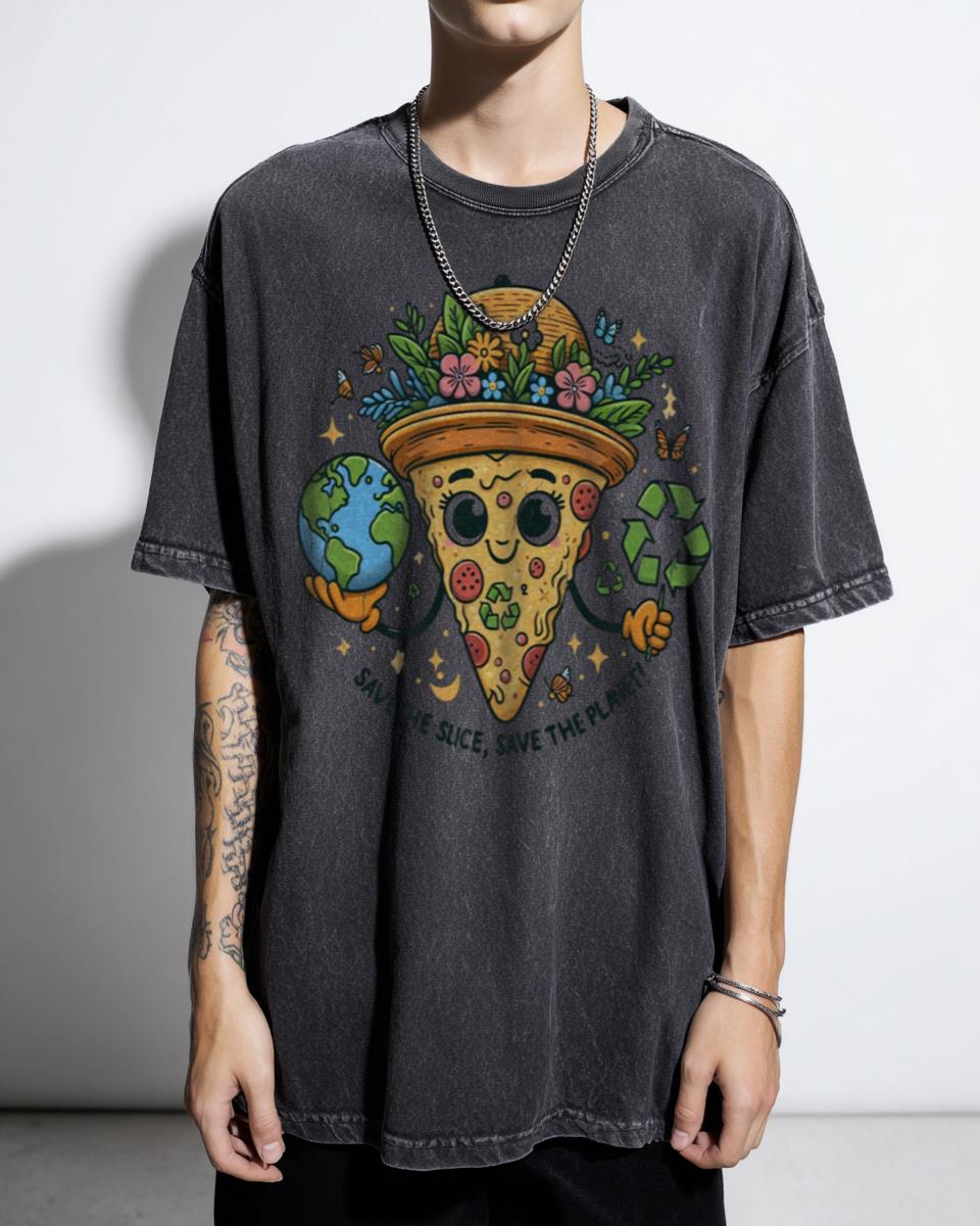 Planet Pizza Cute Cartoon Earth Day T-Shirt - Eco Friendly Environmental Awareness