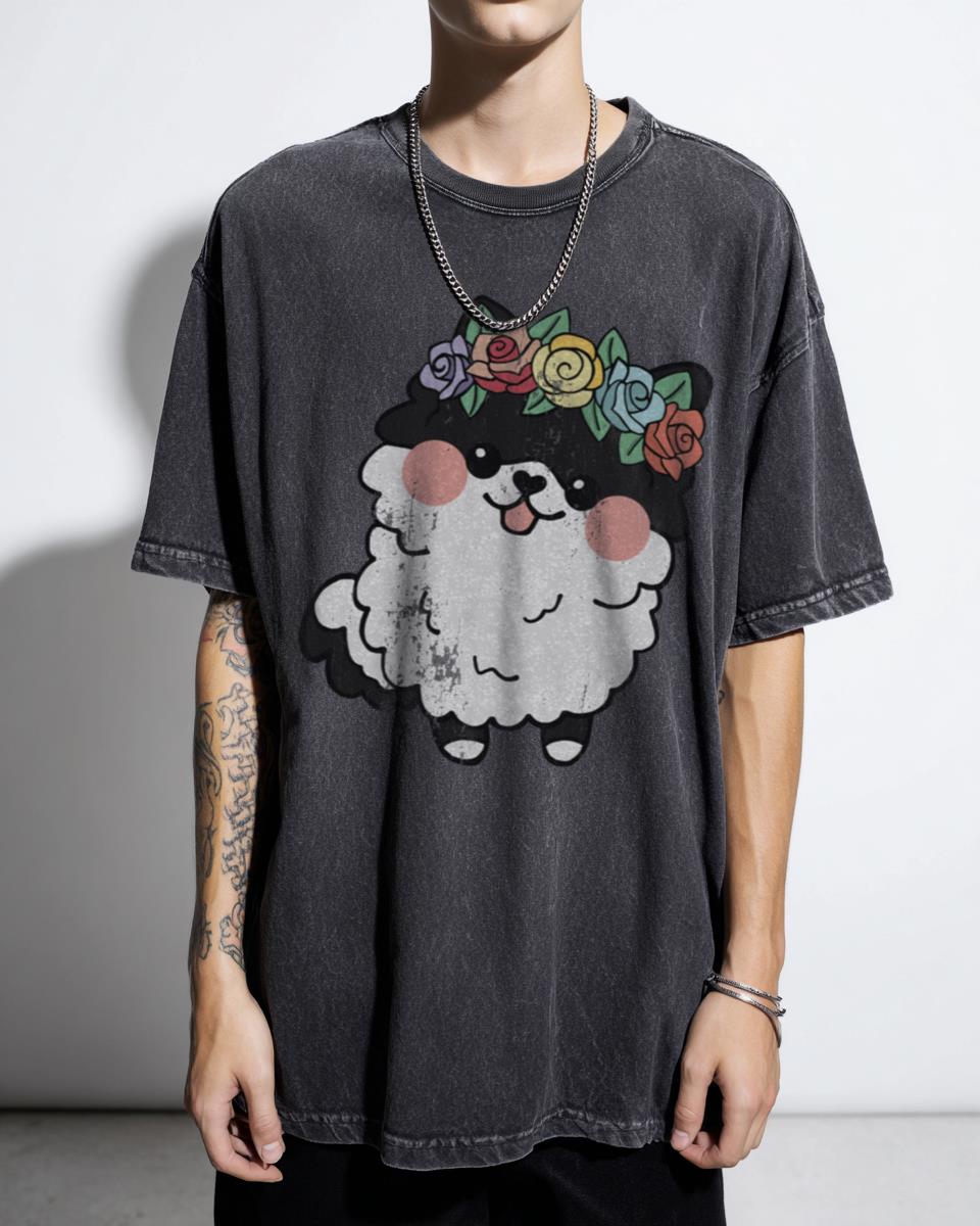 Pomeranian Flower Crown T-Shirt | Cute Black & White Dog Tee