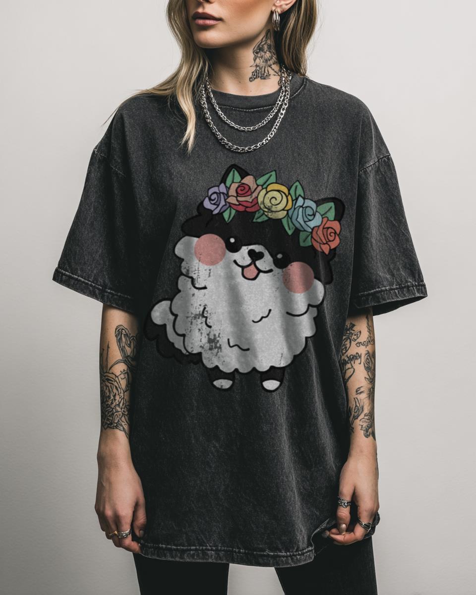 Pomeranian Flower Crown T-Shirt | Cute Black & White Dog Tee
