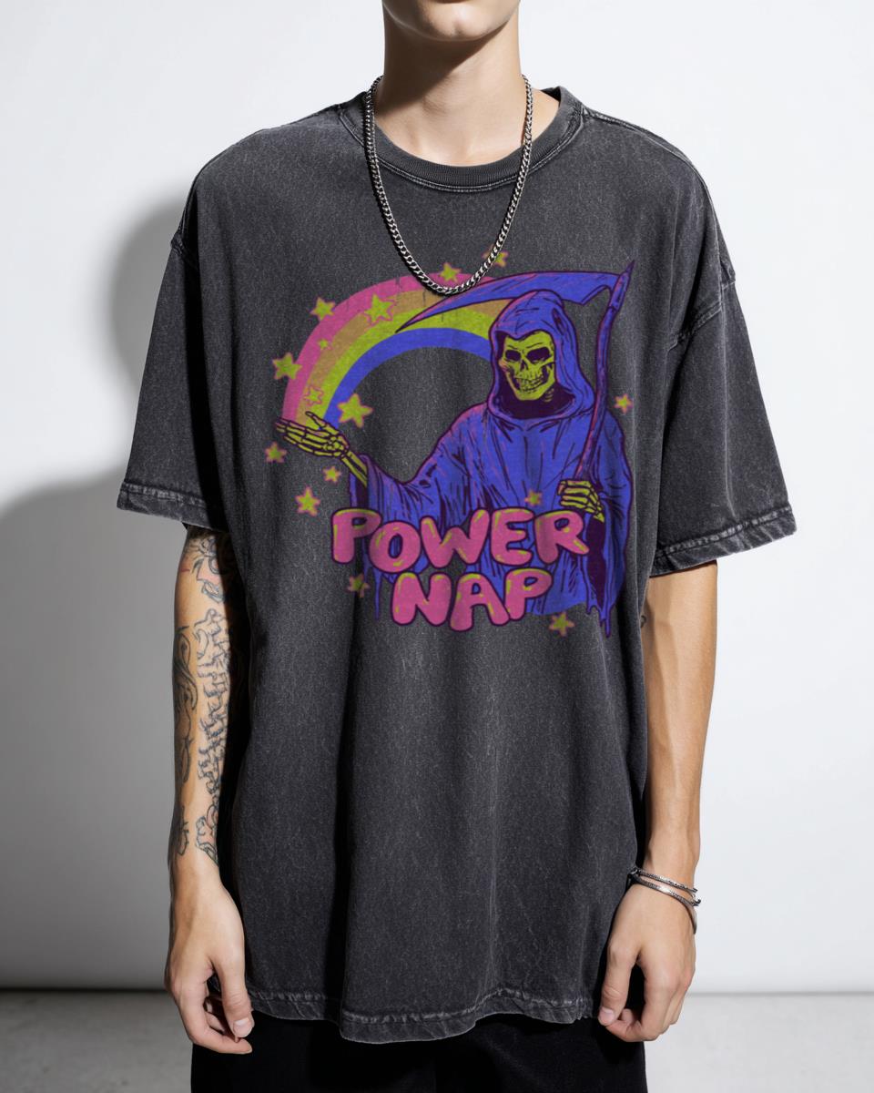 Power Nap Grim Reaper 80s Retro T-Shirt - Funny Lazy Skull Rainbow Tee