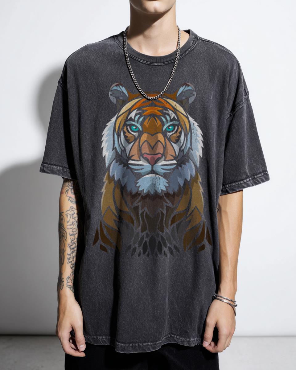 Powerful Tribal Tiger Frontal Graphic T-Shirt - Wild Animal Tattoo Style Men's Tee