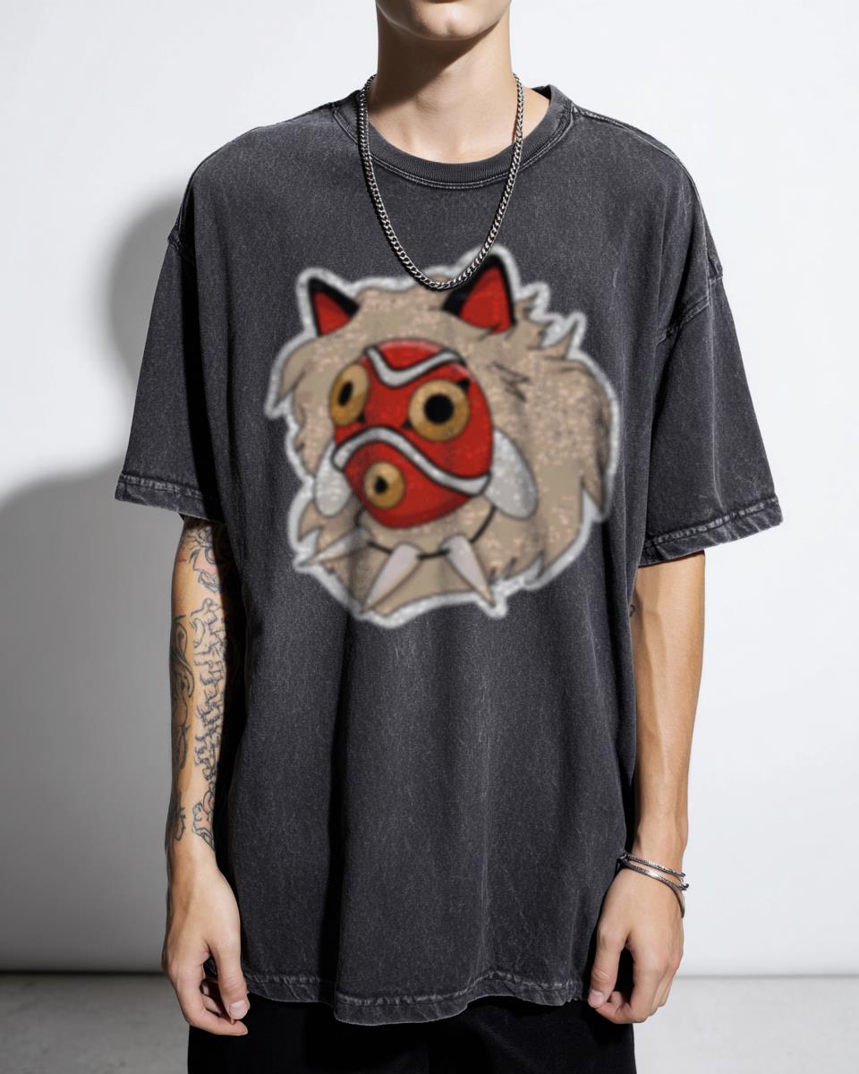 Princess Mononoke Red Mask Anime Studio Ghibli Black Acidwash T-Shirt - Japanese Film Fan Unisex