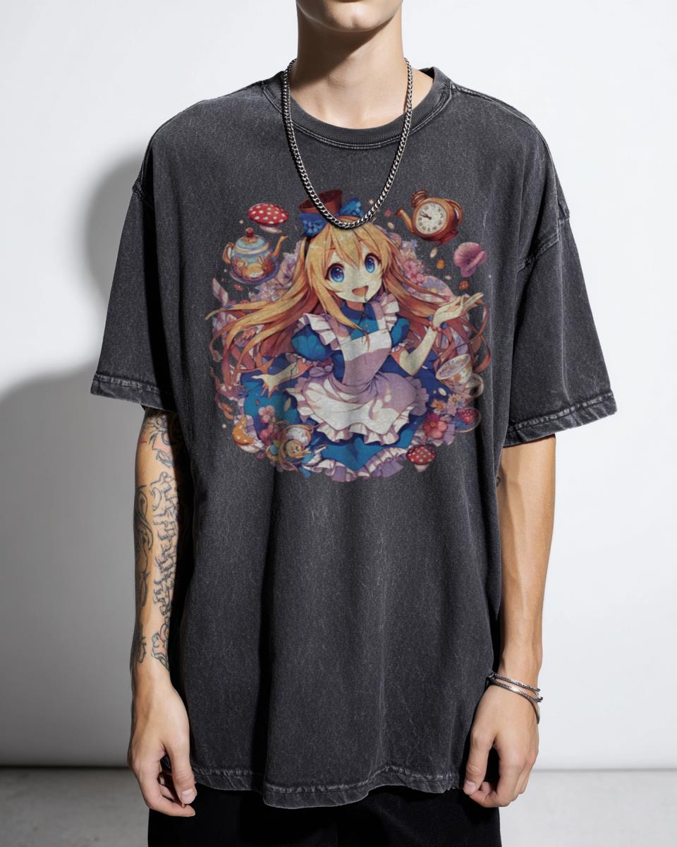 Psychedelic Anime Alice in Wonderland T-Shirt - Magic Mushroom Tea Party Tee