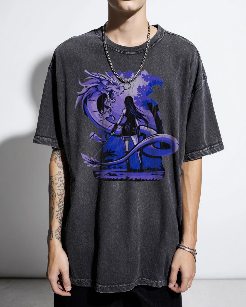 Purple Anime Girl Samurai & Dragon T-Shirt - Digital Style Fantasy Art