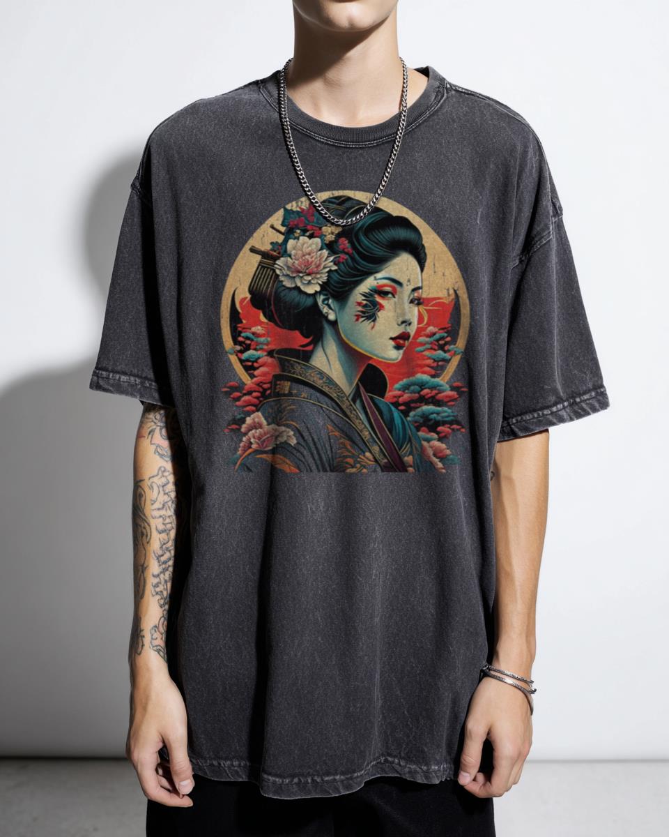 Radiant Geisha Sunburst Japanese Illustration T-Shirt - Colorful Kimono Art