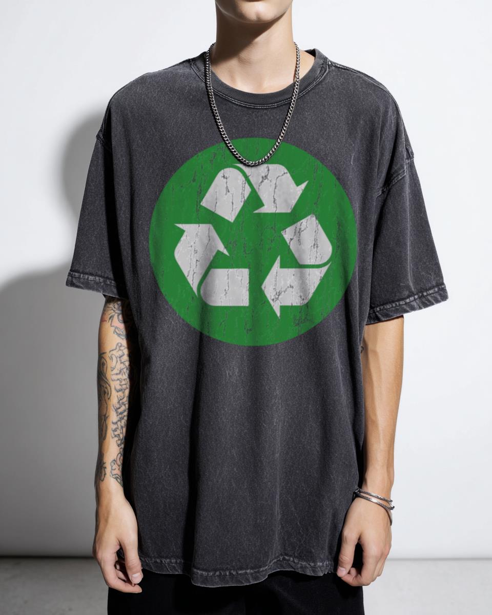 Recycle Logo Earth Day Eco-Friendly Heart Black Acidwash T-Shirt - Environmental Activism Unisex
