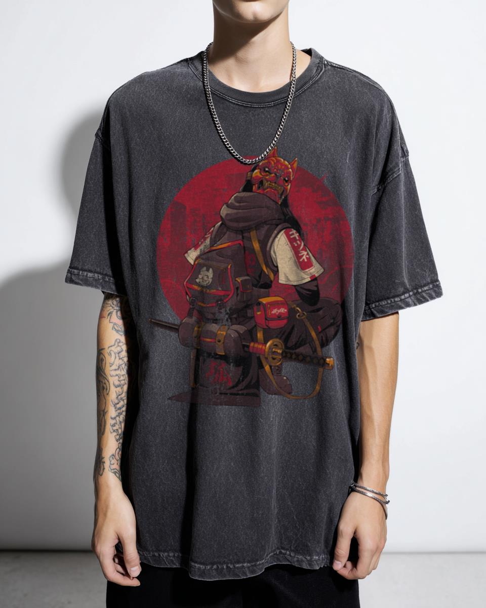 Red Kitsune Samurai T-Shirt | Cyberpunk Japanese Warrior Tee