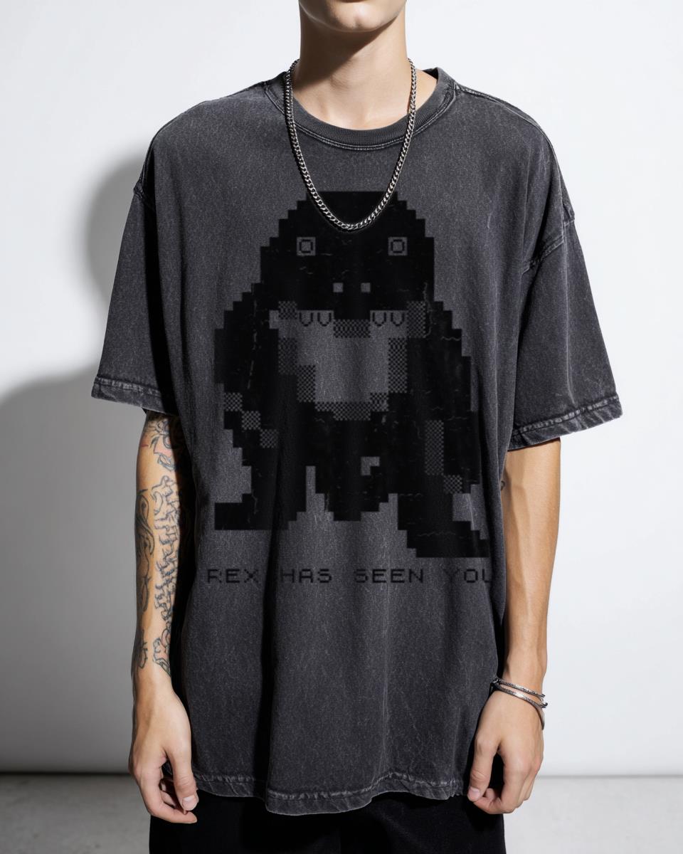 Retro 8-Bit Rex Monster Maze T-Shirt - Vintage 80s Computer Game Fan