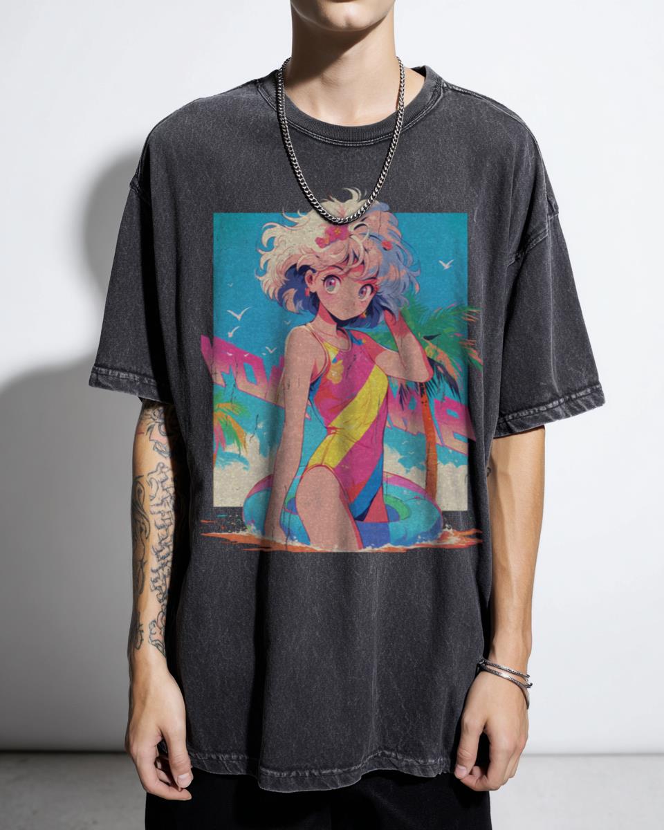 Retro 80s Anime Beach Girl T-Shirt - Nostalgic Japanese City Pop Aesthetic for Women