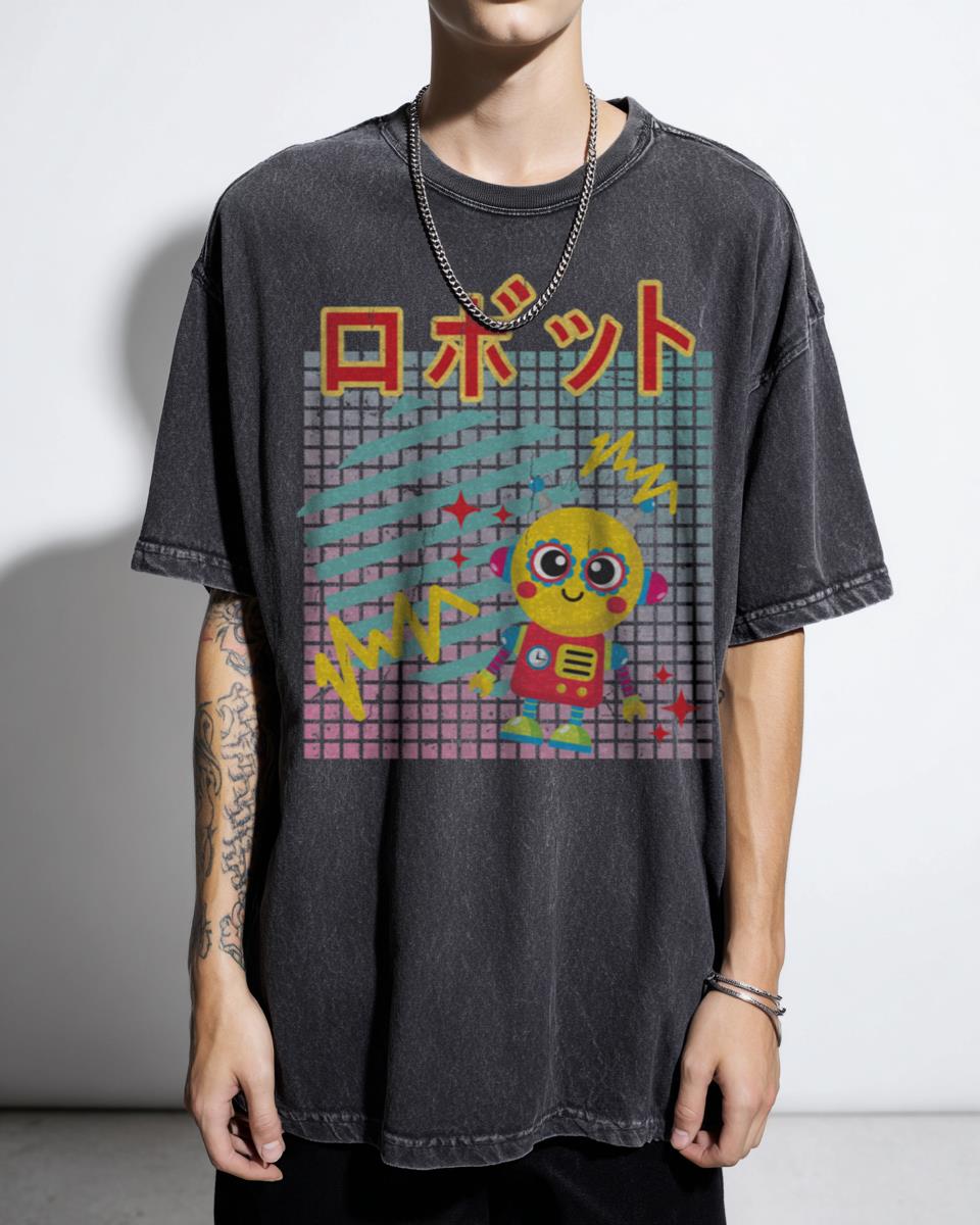 Retro 90s Japanese Kawaii Robot T-Shirt - Pastel Anime Aesthetic