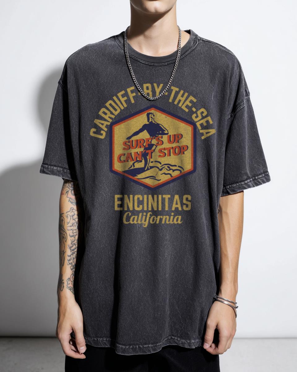 Retro Cardiff-by-the-Sea Encinitas California Gold Text T-Shirt - Vintage Beach Surf